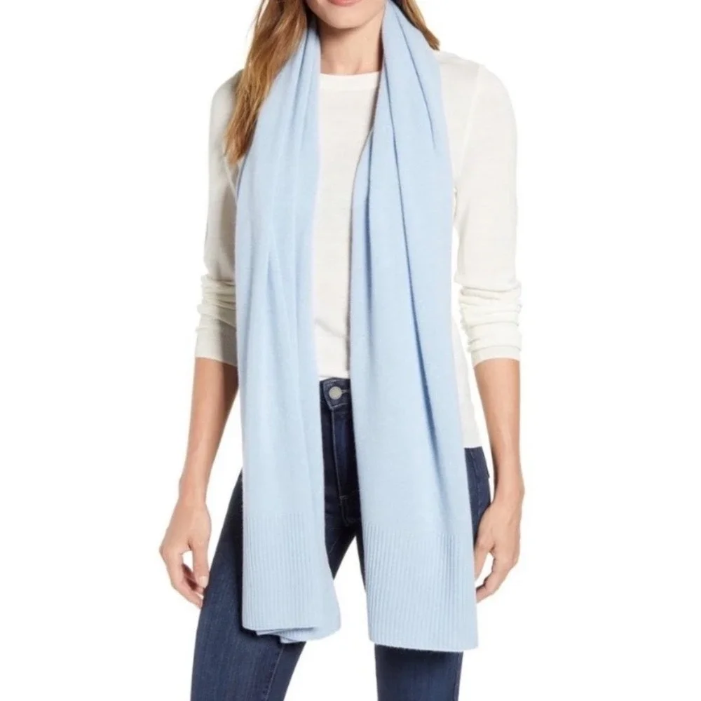 Halogen‎ 100% Cashmere Light Blue Ribbed Trim Wrap Scarf Shawl OS